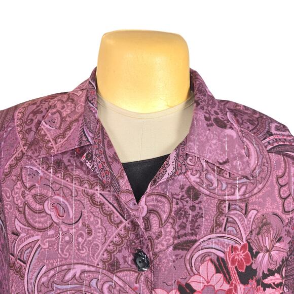 Vintage Gloria Lance Woman 1X Top Button Up Layered Purple Floral Paisley Artsy - Picture 3 of 11